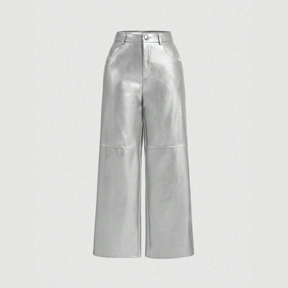 Silver Metallic Faux Leather Wide Leg Pants